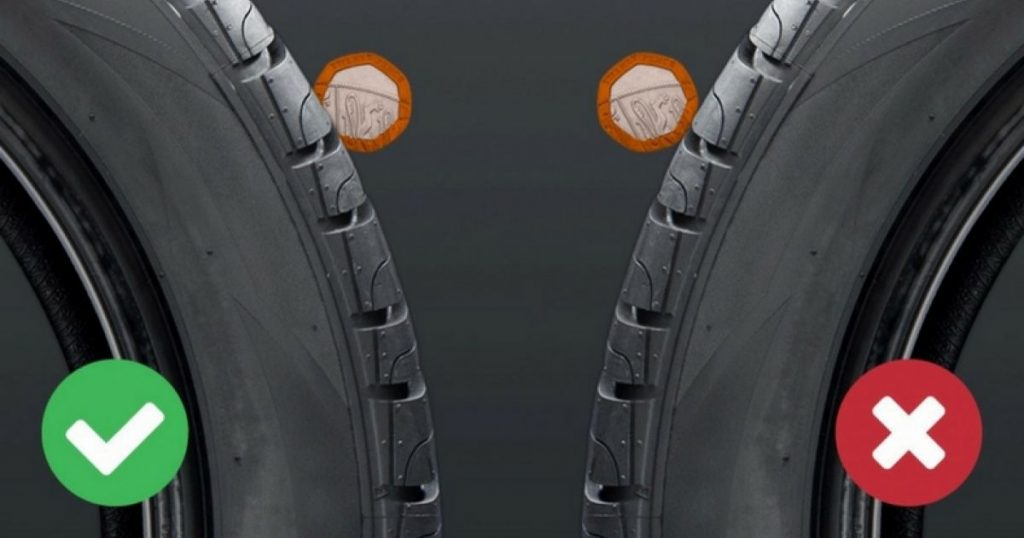 Comparison of tyre tread depths using a 20p coin test, showing legal tread on the left and illegal tread on the right